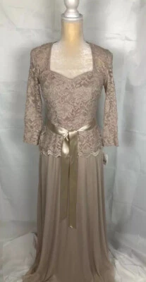 NWT $140 Onyx Nite Tan Long Gown Lace Wedding beige Mother Of Bride Dress Sz 8 - Image 1 of 4
