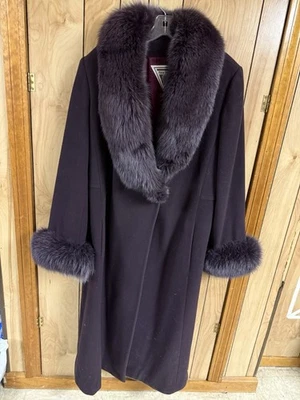 Classic Marvin Richards Maroon Wool Fox Fur Trim  Coat Size 10/12 Made In USA - Image 1 of 4