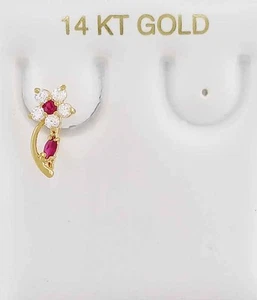 LAB CREATED RED & WHITE SAPPHIRE Single FLOWER EARRING 14K GOLD - New With Tag - Picture 1 of 4