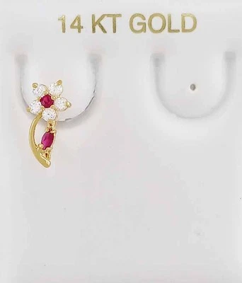 LAB CREATED RED & WHITE SAPPHIRE Single FLOWER EARRING 14K GOLD - New With Tag - Image 1 of 4