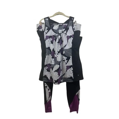 DANSKIN NOW Activewear Set Size 2X Black Purple Floral Criss Cross Tank Leggings - Image 1 of 4