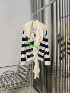 Linen +mohair stripe Knit Draped Cardigan ruffle front placket silm tops women - Picture 1 of 7