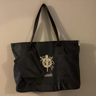 Vtg Harrods Tote Bag Black Nylon Gold Embroidered Logo Zip Close Pockets 20x13" - Image 1 of 4