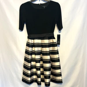 R & K Black Gold Holiday Party Dress Sz 8 Fit & Flare Sleeves Bow Belt Sparkle - Picture 1 of 13