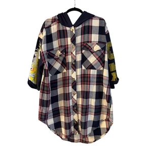 Free People Maddox Patched Plaid Tunika Damen Oversized Varsity Shirt mit Kapuze M - Bild 1 von 7