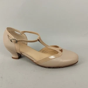 Hotter T Bar Shoes Womens 7 EXF Nude Leather Mary Jane Heel Smart Dance Wide - Picture 1 of 14