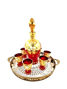 Likörset Karaffe mit 6 Gläsern & Tablett Rot Gold Handbemalt Vintage Böhmen rar - Picture 1 of 10