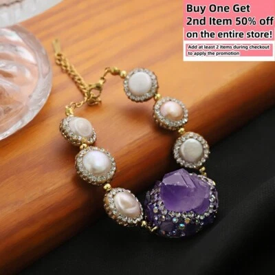 Natural Freshwater Pearl Charm Bracelet Chain Purple Crystal Gem Hand Strings - Image 1 of 4
