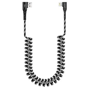 Coiled MFI Certified 90° Charger Cable for iPhone 14 Pro 13 12 11 XR XS iPad 9 8 - Picture 1 of 14