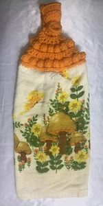 1970’s Vintage MUSHROOM Hanging Kitchen Dish Towel Orange Crochet Top Retro MCM - Picture 1 of 8