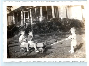 Vintage Photo 1940s, boy pulling 2 boys in a wagon, Front Lawn, 3.5 x 2.5 - Picture 1 of 2