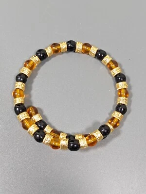 Brazalete envolvente de cuentas de vidrio negro marrón dorado estilo vintage 6,5 pulgadas Foto 1 de 4