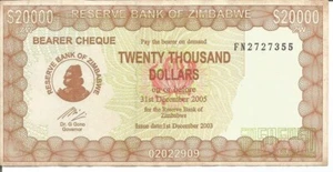 3 NOTES ZIMBABWE BEARER CHEQUE 20.000 DOLLARS 01/12/2003 - Picture 1 of 2