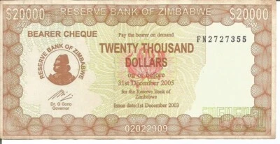 3 NOTES ZIMBABWE BEARER CHEQUE 20.000 DOLLARS 01/12/2003 - Image 1 of 2