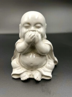 Chinese Export Green Glazed Bisque Buddha Speak No Evil Figurine Good Luck Decor - Image 1 of 4