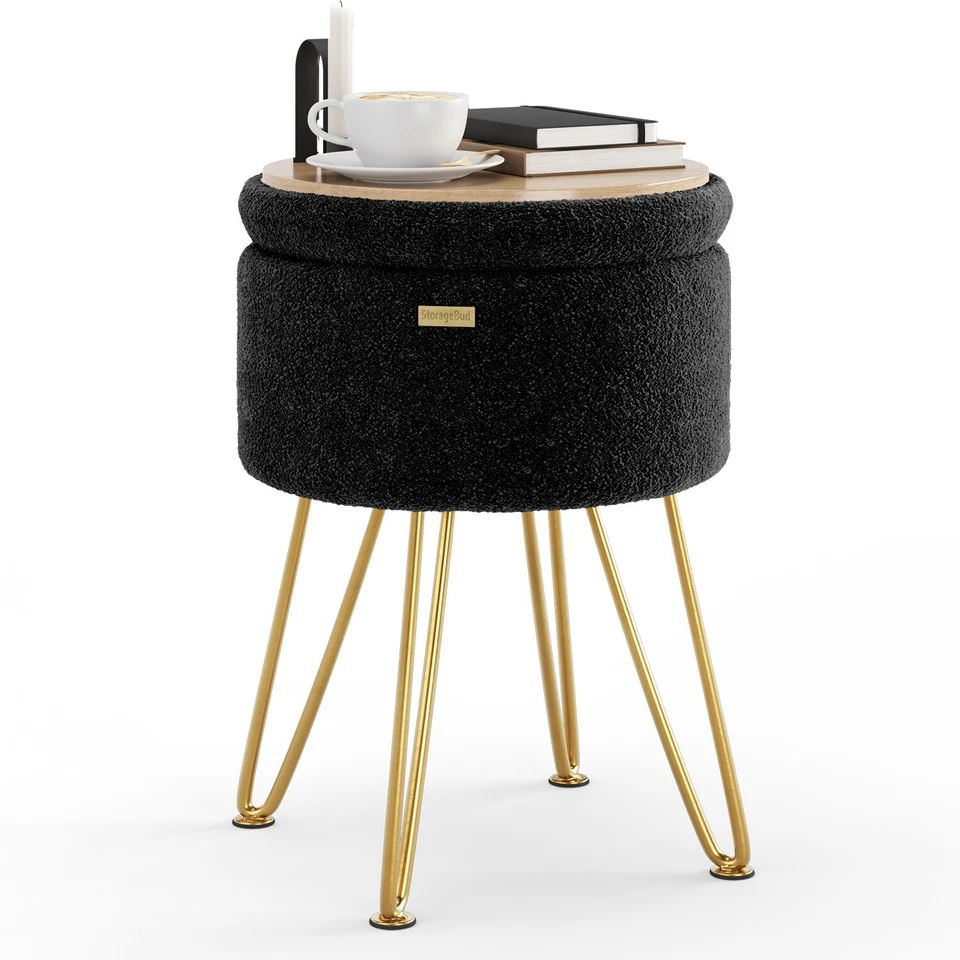 StorageBud Round Ottoman with Storage, Boucle Foot Stool, Vanity & Makeup Stool - Image 1 of 4