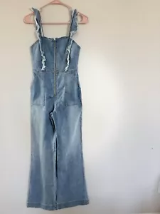 Alice und Olivia Denim Fransen Reißverschluss Cutout Jumpsuit Gr. 24 Freizeit Streetwear - Bild 1 von 9