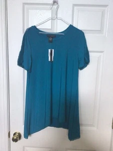Grace Elements Women's Teal Lace Fringe Hem Top Size M, Short sleeve, NEW - Picture 1 of 10