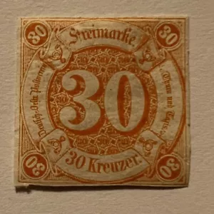 1859 THURN AND TAXIS 30 KR STAMP #52 MH OG IMPERF ORANGE - Picture 1 of 2