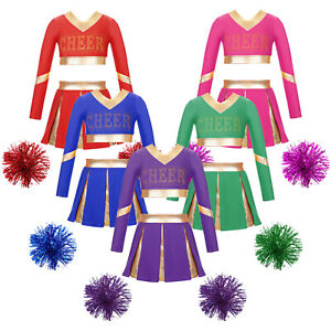 Kinder Mädchen Rock Cheerleading Dancewear Constract Farbe kurzes Oberteil Langarm