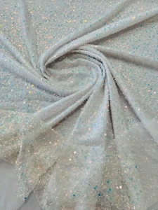 Bead Mesh Shiny Fabric - White - Wedding Fabric Embroidered Beaded By Yard - Picture 1 of 5