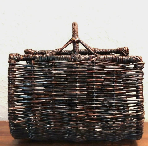 Vintage Woven Wicker Rattan Basket Wood Log Holder Magazine Books Bohemian Cover
