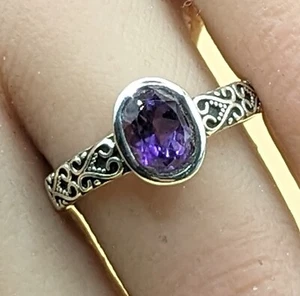 New 925 Sterling Silver Natural Oval African Amethyst Gemstone Embossed Ring Q - Picture 1 of 11