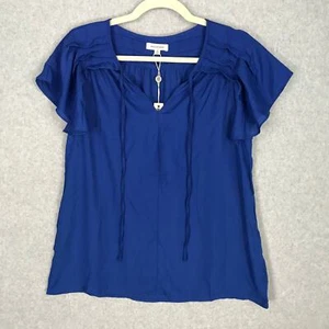 Max Studio Blouse Womens Small Blue Ruffle Office Church Flowy Top Loose Twee - Picture 1 of 11