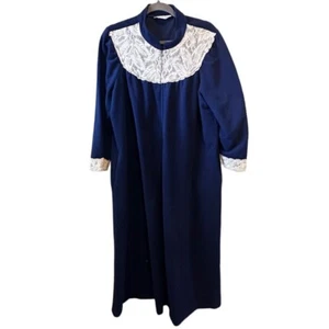 Vintage Vanity Fair Size XL Blue Zip Front Fleece Robe Lace Yoke Trim USA Made - Picture 1 of 5