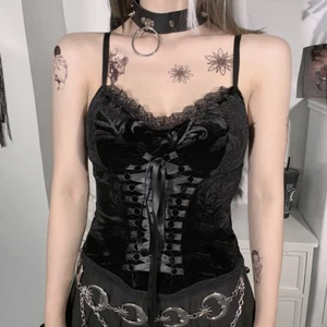 Mujeres Top Verano Sexy Encaje Encaje Con Cordones Color Sólido Negro Halter Top Chaleco - Imagen 1 de 13