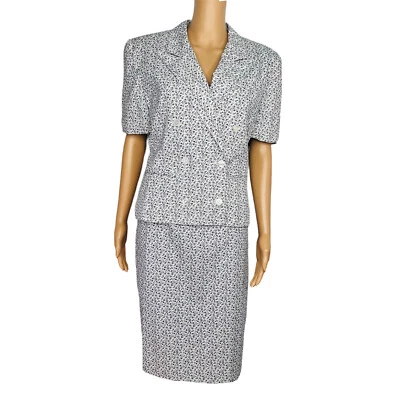 LIZ CLAIBORNE 复古 2 件装白色花卉双排扣内衬裙套装 8 码 — 第 1/4 张图片