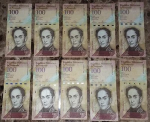 1/10 Bundle 10 pcs Bank Notes Venezuela 100 Bolivares Circulated 2007-2017 Cash - Picture 1 of 2