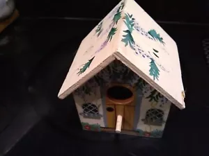 SMALL WOODEN TABLETOP PAINTED BIRDHOUSE with Perch FREE SHIPPING - Picture 1 of 9