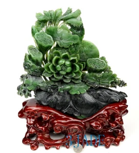 Green Nephrite Jade Lotus Pod/Flower & Fish Sculpture East Asia/Chinese Art - Picture 1 of 12