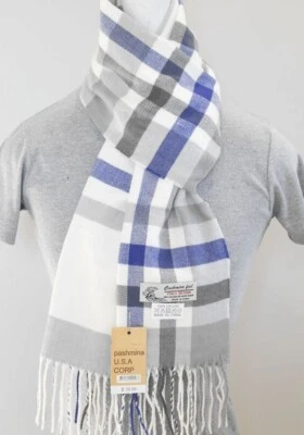 Bufanda de invierno para hombre a cuadros, blanco gris azul sensación de cachemir, cálida*unisex Foto 1 de 2