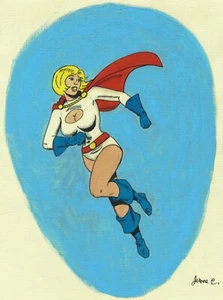 Female comic book Powergirl painting Artist Jerome Cadd Oil Ink canvas paper - Picture 1 of 3