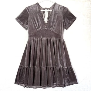 Wishlist Velvet V Neck Plunge Tiered Babydoll Stretch Short Sleeve Mini Dress L - Picture 1 of 7