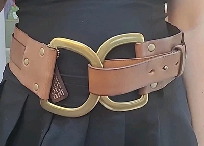 NUEVO Linea Pelle Cinturón Tachuela Cuero Marrón Latón 2 Hebillas Mediano 34" A 36" Foto 1 de 3