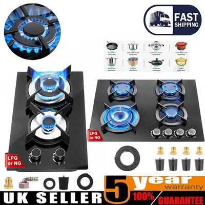 2/4 Burners Gas Hob Black Tempered Glass NG/LPG Convert With Iron Pan Support - Image 1 of 4