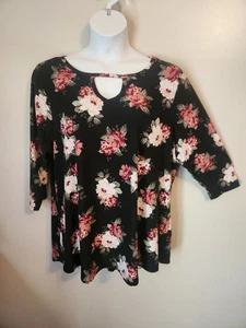 Bobbie Brooks Black Floral Print Keyhole Trim Casual Top Shirt 3X Plus - Picture 1 of 6