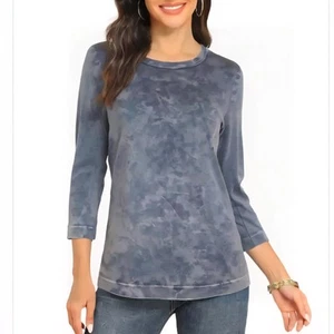 3 THREE DOTS Denim Blue Acid Washed Cotton Knit T-Shirt 3/4 Sleeve size M-XL USA - Picture 1 of 11