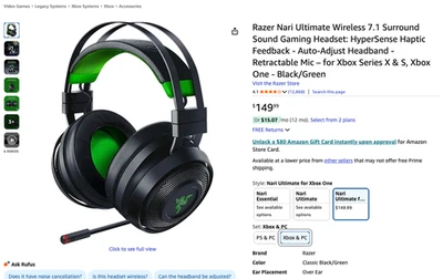 New Razer Nari Ultimate Wireless Gaming Headset for XBox One - Image 1 of 3