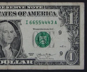 2013 $1 (ONE DOLLAR) - SERIAL NUMBER - DESCENDING LADDER - "I" - Picture 1 of 3