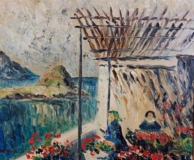 Pintura al óleo de Cuthbert Bardsley c1960 figuras rústicas, una vista costera de Lindos Foto 1 de 4