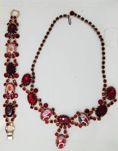Collana Bracciale Vintage Rosso Ab Cabochon Finto Vetro Rubino Falegname? Parure Demi - Foto 1 di 18