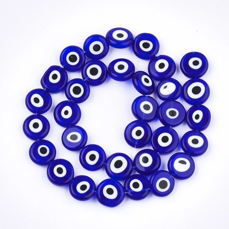 Handmade Lampwork Evil Eye FLAT Round Beads  6mm/8mm/10mm/12mm/16mm  14" Strand - Image 1 of 1