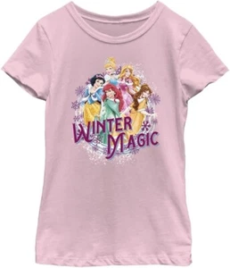 New Girl's Disney Princess Winter Magic T Shirt Pink Ariel Aurora Belle Sz Large - Picture 1 of 1