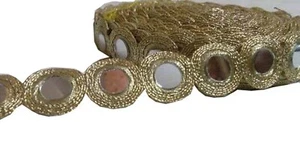 9 Yard Real Mirror Work Golden Trim Dupatta,Saree,Sari Kundan Lace,Glass Beads, - Picture 1 of 3