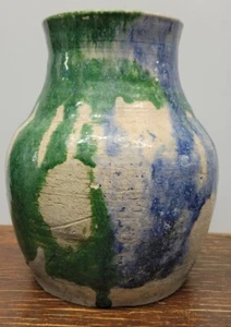 Antique Raku Vase Blue and Green - Picture 1 of 12
