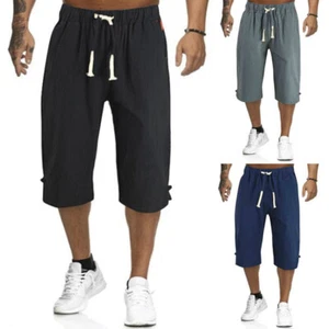 Mens Casual Pants Elastic Waist Loose Sport Shorts 3/4 Long Length Capri Linen - Picture 1 of 22